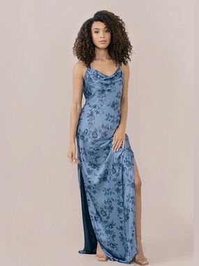 Revelry Nadia Satin Dress Indie Blue Bouquet Size 4